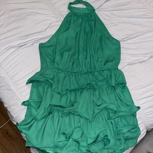 Emerald green ruffle halter romper